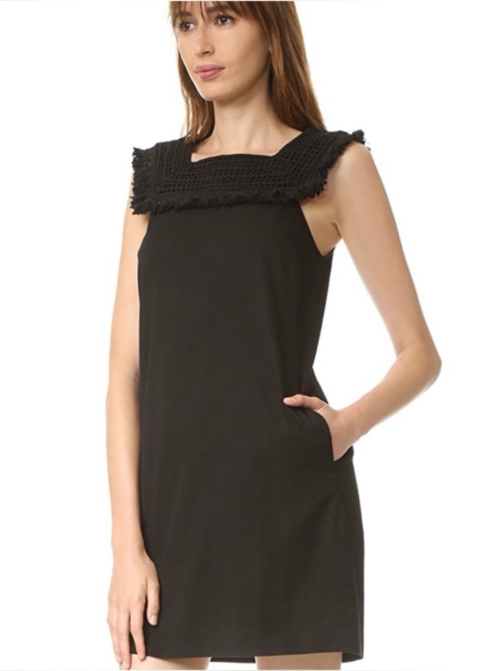 Madewell Black Sundream Fringe Crochet Shift Dress Square Neck GUC 6 #2685
